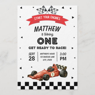 Racecar First Birthday Retro Watercolor Inbjudningar