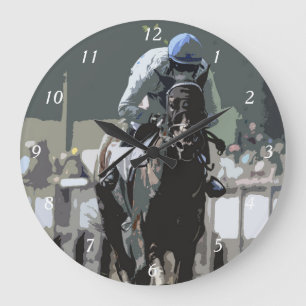 Racehorse med jockey i blå väggklocka