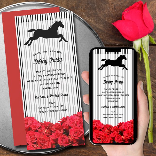 Racehorse och Ro Derby Party Inbjudningar (Horse Racing Roses Stripes Derby Invitations - printed and perfect size for INSTANT DOWNLOAD!)