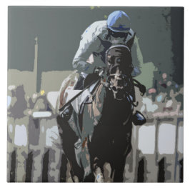Racehorse with jockey in Blue Ceramic Tile Kakelplatta