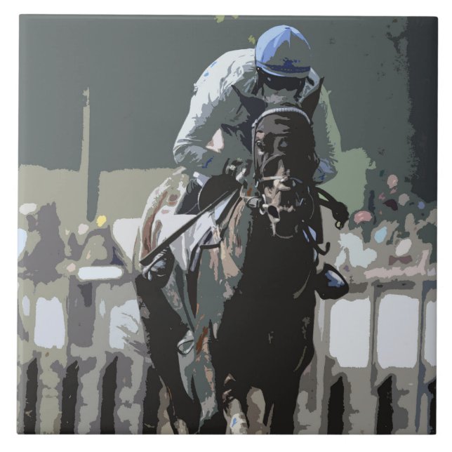 Racehorse with jockey in Blue Ceramic Tile Kakelplatta (Framsidan)