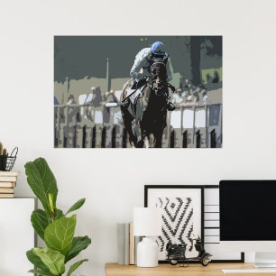 Racehorse with jockey in Blue Poster