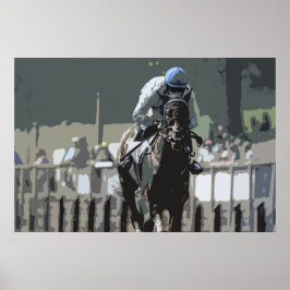 Racehorse with jockey in Blue Poster