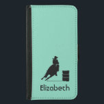Racer för trumma för Cowgirl för Plånboksfodral För Samsung Galaxy S5<br><div class="desc">Silhouette av en idrotts- cowgirltrummatävla med henne häst. Spännande rodeohandlingillustration. Bakgrund är en mintgröntfärg. Underbar för rodeofläktar och hästälskare. Personifiera med ett namn.</div>