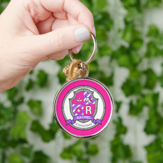 Rachel brev R namn betyder rosa Unicorn vapensköld Rund Silverfärgad Nyckelring