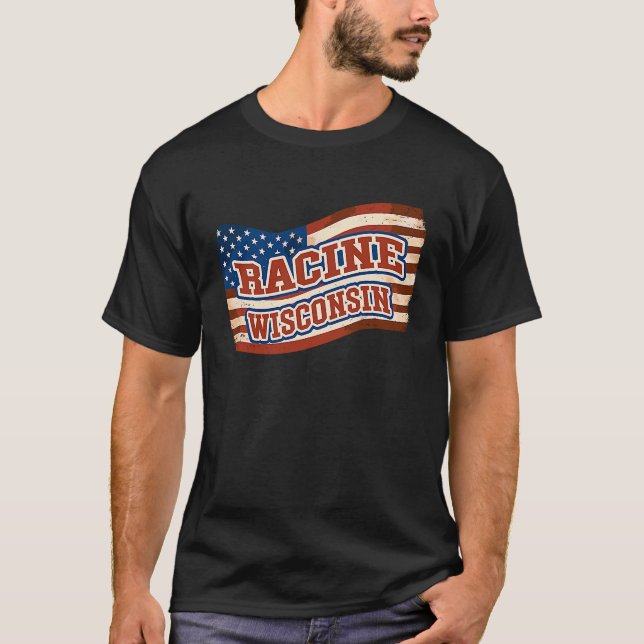 Racine City Wisconsin Vintage American Flag T Shirt (Framsida)