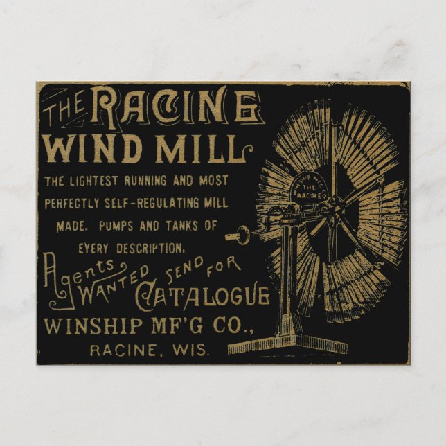 Racine Vind Mill Racine Wisconsin 1889 Vykort (Framsida)