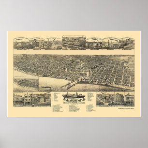 Racine, WI Panoramic Karta - 1883 Poster