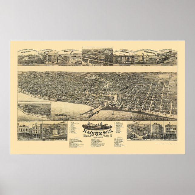 Racine, WI Panoramic Karta - 1883 Poster (Framsidan)