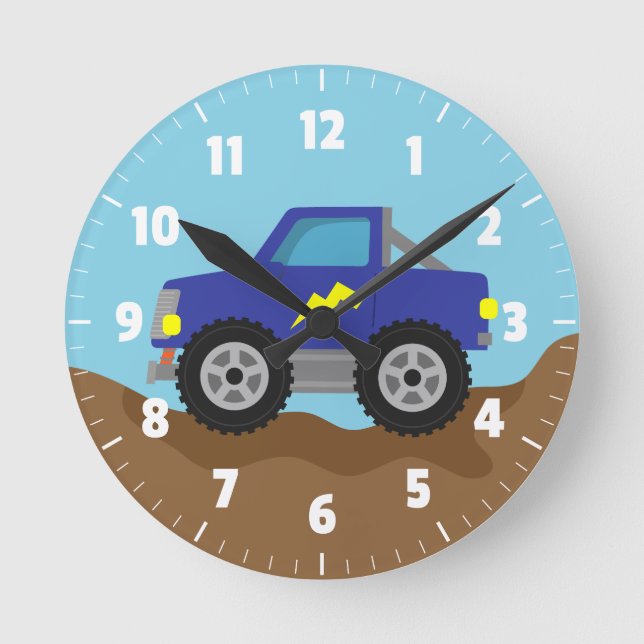 Racing Blue Monster Truck, för pojkrum Rund Klocka (Framsida)