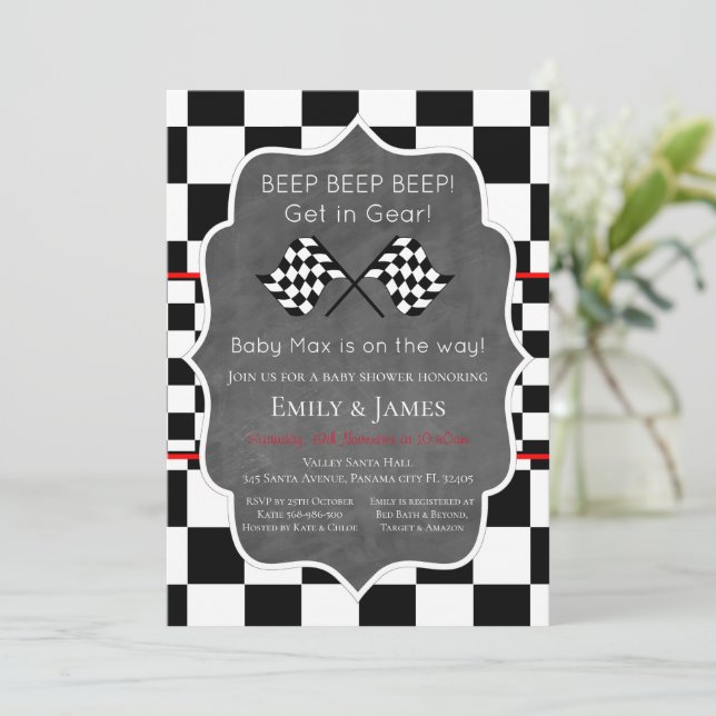 Racing Car Baby Shower Inbjudan, Födelsedagsinbjud Inbjudningar (Stående Fram)