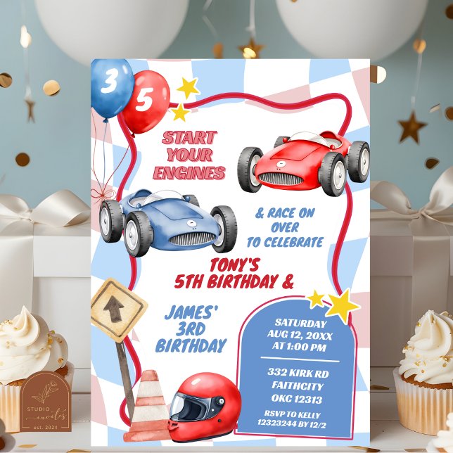 Racing Car Pojkar Gemensam Födelsedag  Inbjudningar (Skapare uppladdad)