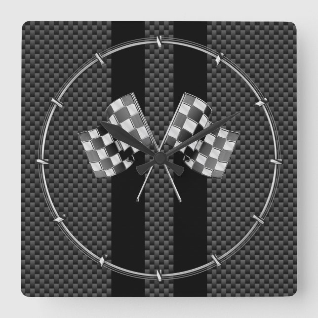 Racing Flags on Black Stripes Carbon Fiber Style Fyrkantig Klocka (Framsida)