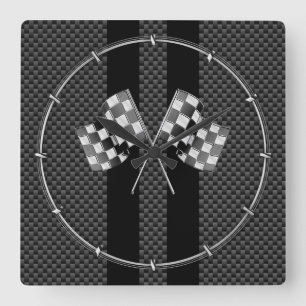 Racing Flags on Black Stripes Carbon Fiber Style Fyrkantig Klocka