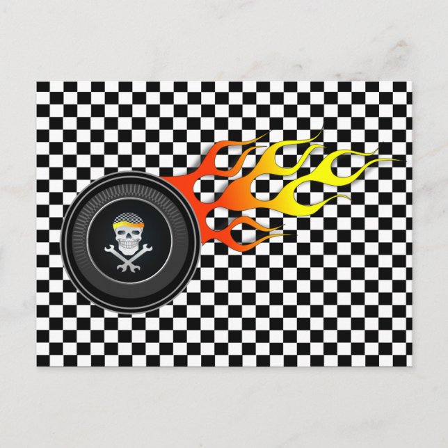 Racing Skull i brinnande hjul Vykort (Framsida)