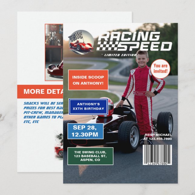 Racing Speed Magazine Cover Födelsedagsfest Inbjudningar (Fram/baksida)