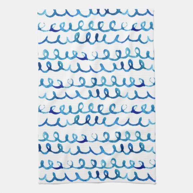 Räcka den målade blåttvattenfärgen vågigt mönster kökshandduk (Vertikal)