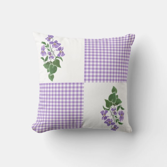 Räcka-målade Violets på vit, Mauve kontrollGingham Kudde (Framsida)