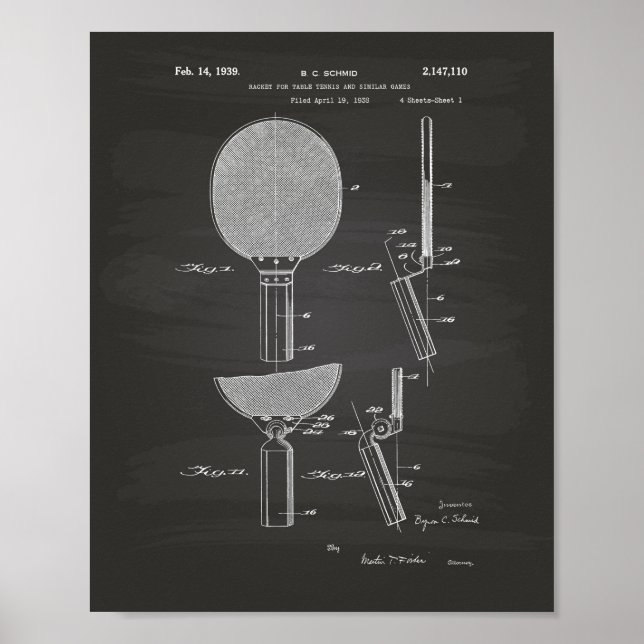 Racket Bord Tennis 1939 Patent Art - Chalkboard Poster (Framsidan)