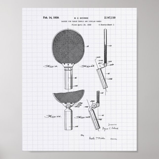 Racket Bord tennis 1939 Patent Art - Lintade Poster (Framsidan)