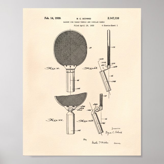 Racket Bord tennis 1939 Patent Art - Old Peper Poster (Framsidan)