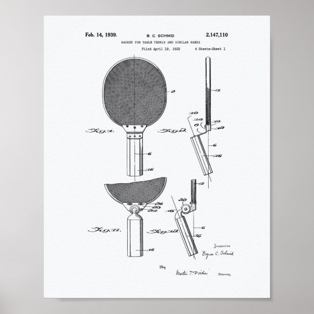 Racket Bord Tennis 1939 Patent Art - White Papper Poster (Framsidan)