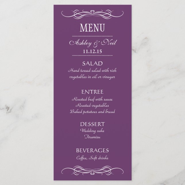 Rackkort för elegant Chic Violet Bröllop Menu Meny (Framsida)