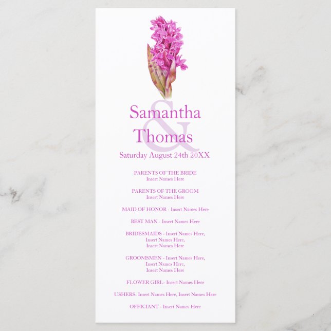 Rackkort för rosa av orkidfärgat bröllopsprogram program (Framsida)