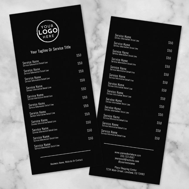 Rackkort för svartvita eleganter-meny reklamkort (Elegant Black White Services Menu Rack Card )