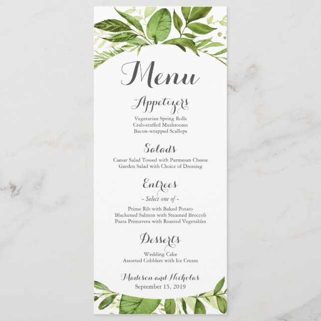 Rackkort grönt Menu, Rustic Greenery Meny (Framsida)