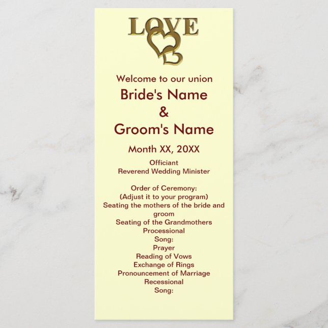 Rackkortet Kärlek Hearts och Röd ros Bröllop Program (Framsida)