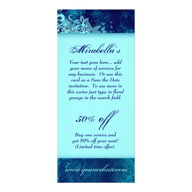 Rackkortets Blommigt Grunge Salon Spa Blue Page 2 Reklamkort (Framsidan)