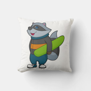 Racoon as Snowboarder with Snowboard Kudde