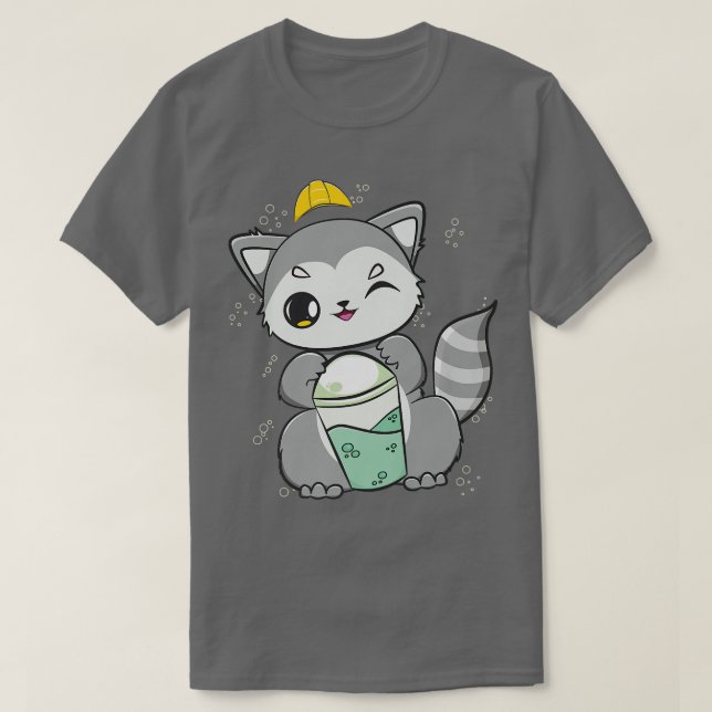 Racoon Drinks Boba for Construction Worker Premium T Shirt (Design framsida)