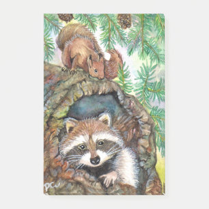 Racoon i trädhål med ekorren post-it block