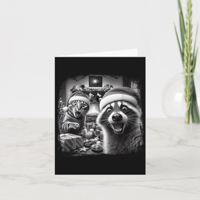 Racoon Santa Funny Cat Taking Selfie Christmas Xma Kort (Framsida)