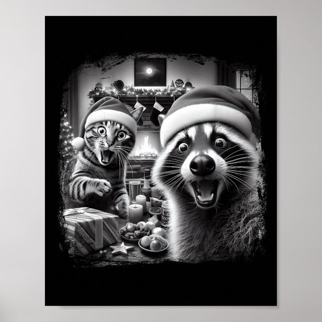 Racoon Santa Funny Cat Taking Selfie Christmas Xma Poster (Framsidan)
