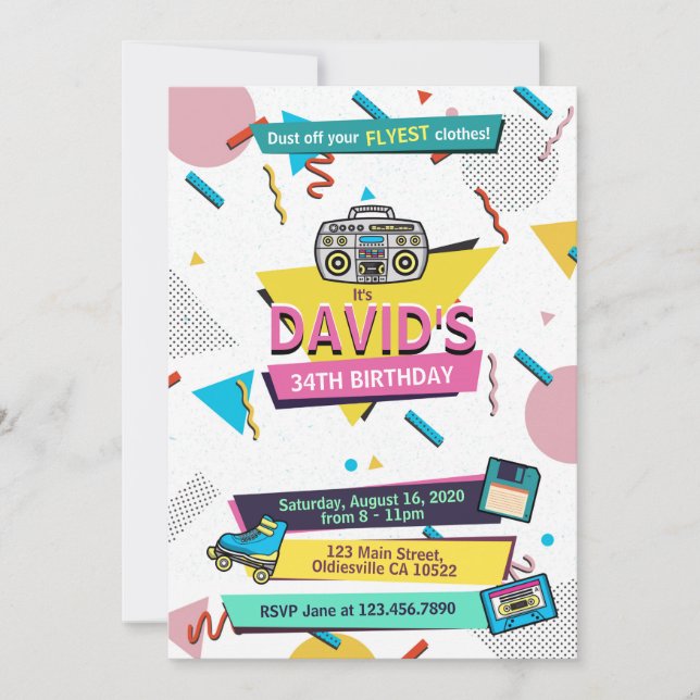 Rad 90s Memphis Syle Födelsedagsfest inbjudan (Framsida)