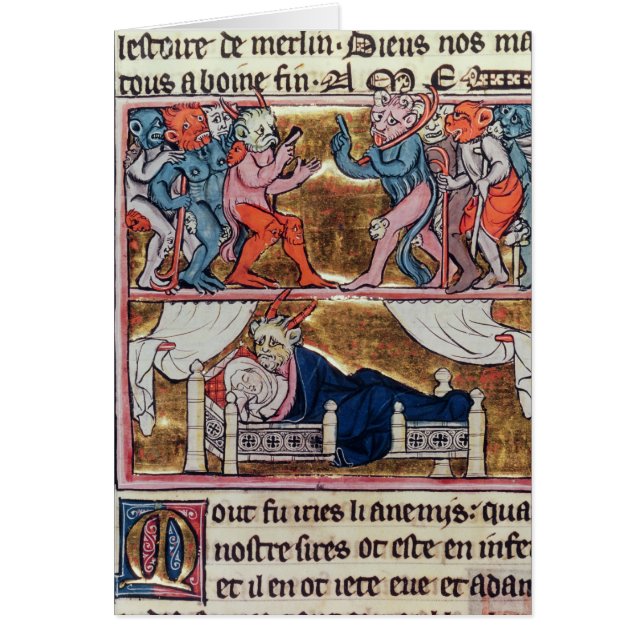 Råd av demoner, från 'l'Histoire de Merlin' Hälsningskort (Framsidan)