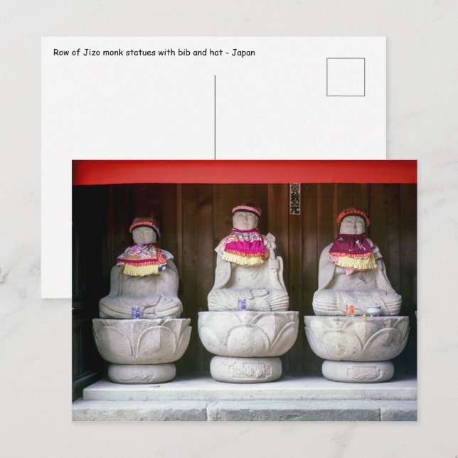 Rad av Jizo-munkstatyer med våtdräkt och hatt - Ja Vykort (Fram/baksida)