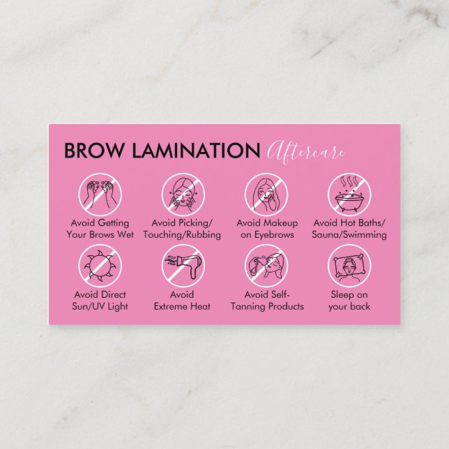 Råd för eftervård av Pink Dark Brow Laminering Visitkort (Baksida)