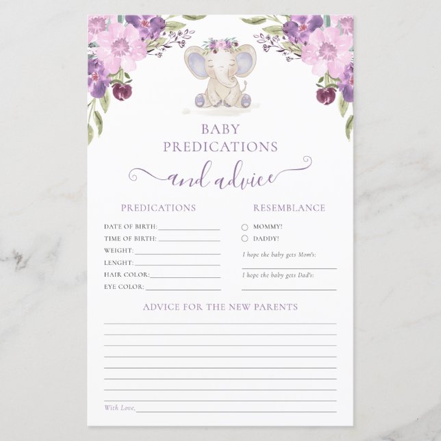 Råd för föräldrar Elefantflicka Baby Shower-spel (Framsida)