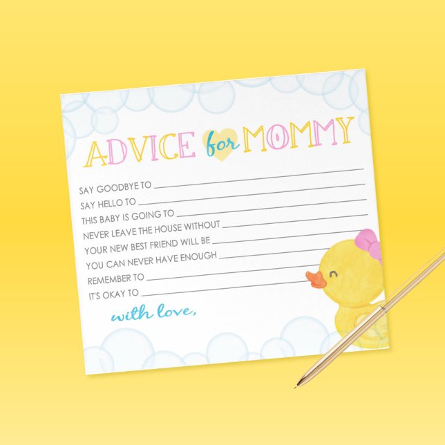 Råd för Mamma Girl Rubber Anka Baby Shower Advice Anteckningsblock (Girl Watercolor Rubber Duck Advice for Mommy Fill in the Blank Note Sheets)