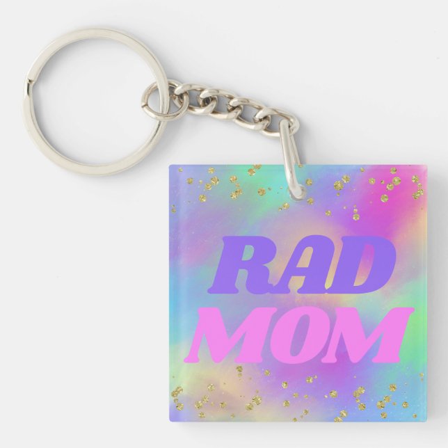 "Rad Mamma" Nyckelring med färgstark regnbåge Glit (Framsidan)
