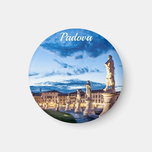 Rad med belysta statyer i Padova Magnet (Framsidan)