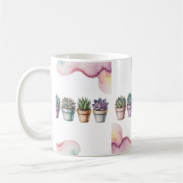 Rad med små krukväxter suckulenter kaffemugg