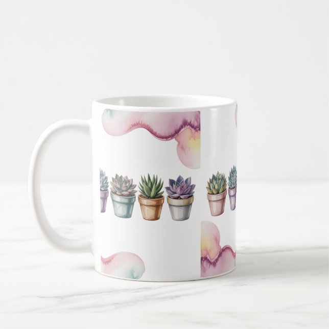 Rad med små krukväxter suckulenter kaffemugg (Vänster)
