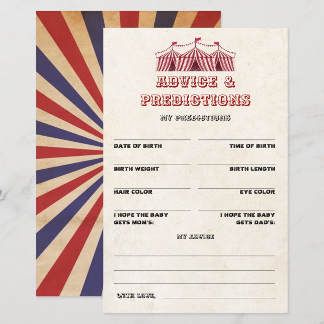 Råd och förutsägelser Circus Baby Shower-spel (Fram/baksida)