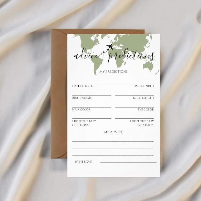 Råd och förutsägelser Travel Theter Baby Shower Flygblad (advice + predictions cards baby shower world map)