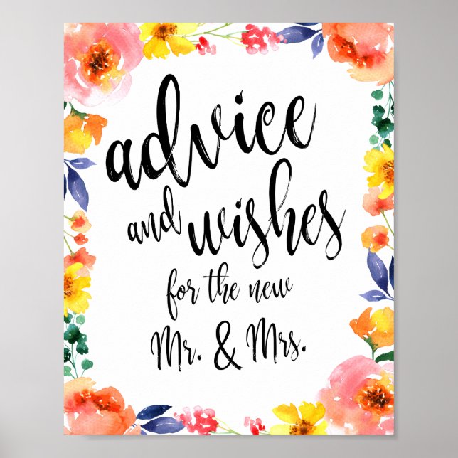 Råd och önskemål Blommig 8x10 bröllopsskylt Poster (Framsidan)
